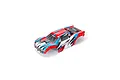 ARRMA Vorteks 4x4 RC truck body shell in red, blue, and white with black racing graphics, viewed from a high angle.