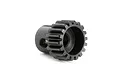 A black metal pinion gear for an RC car, showing the gear teeth and a set screw hole on a white background.