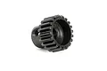 A black metal pinion gear with a set screw hole, shown against a white background.