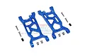 Two blue anodized aluminium RC front lower suspension arms with included screws and bushings on a white background.