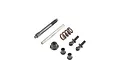 A collection of Losi Baja Rey steering hardware components including a threaded shaft, metal pin, coil spring, lock nut, bushings, and ball studs.
