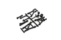 A black plastic parts tree containing suspension arms and related components for a Kyosho RC car.
