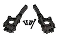 Traxxas front left and right bulkheads in black plastic with a set of included metal screws.