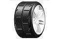 A single GRP W02 Revo RC tyre mounted on a white multi-spoke rim, featuring a tread pattern with horizontal and diagonal grooves.
