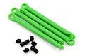 Four bright green plastic RC suspension linkages and eight small black ball ends arranged on a white background.