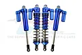 Four blue anodized aluminium piggyback shock absorbers for an RC car, arranged against a white background with a faint GPM logo watermark.