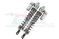 Two silver GPM Racing aluminium piggyback shock absorbers for RC cars, shown against a branded background.