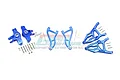 GPM Racing blue aluminium front suspension arms and steering hubs set for RC cars, including various screws and hardware on a white background.