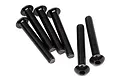 Six black button head machine screws with hex drive sockets, arranged on a white background.