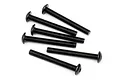 A group of six black metal button head screws with fine threading arranged on a white background.