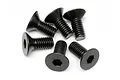 A group of six black metal countersunk hex head screws arranged on a plain white background.