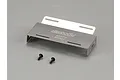 Killerbody stainless steel battery holder for 1/10 Toyota Land Cruiser 70 with two small black mounting screws on a grey background.