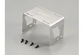 A stainless steel battery holder for a 1/10 scale RC car, featuring laser-etched branding and four small black mounting screws on a grey background.
