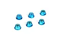 Six blue anodized aluminium flanged serrated nyloc nuts arranged on a white background.