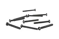 A group of eight black metal button head screws with coarse threads arranged on a white background.