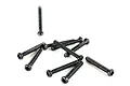 A collection of ten black button head RC screws with coarse threads arranged on a white background.