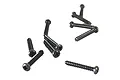 A collection of black metal button head screws with coarse threads scattered on a white background.