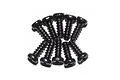 A cluster of ten black button head screws with coarse threads arranged in a fan-like pattern against a white background.