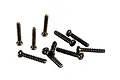 A collection of ten black metal button head screws with coarse threads arranged on a white background.