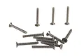 A collection of thirteen black metal countersunk screws with coarse threads arranged on a white background.