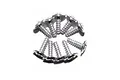 A cluster of eight silver-coloured metal button head washer screws arranged in a circle on a white background.