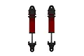 Two ARRMA red aluminium RC shock absorbers standing vertically against a white background.