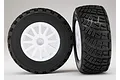 Two Traxxas 2.2/3.0 inch BFGoodrich gravel tyres mounted on white 12-spoke rims against a plain background.