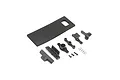 Losi battery tray hardware set including plastic mounts, foam padding, screws, and a spring on a white background.