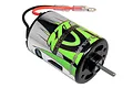 Axial 27T brushed RC electric motor with silver and green branding, featuring a metal shaft and red and black wires with bullet connectors.