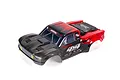 ARRMA Senton 4x4 red and black pre-painted RC truck body shell viewed from a high angle against a white background.