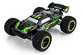 BlackZon Slyder ST 1/16 scale RC stadium truck in black and green, featuring off-road tires and a rear spoiler, isolated on a white background.