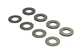 Eight small metal washers arranged in a grid pattern against a plain white background.