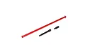 A red anodized metal drive shaft alongside two small black metal components on a white background.