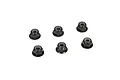 A set of six black aluminium flanged serrated nyloc nuts for RC vehicles, arranged on a white background.