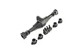 Losi rear axle housing set including the main axle casing, a truss mount, and four axle end caps, all in black plastic.