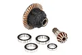 Traxxas 8S X-Maxx complete front differential set including ring gear, pinion gear, and four ball bearings on a white background.