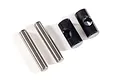 Traxxas steel CV drive pin rebuild kit components including two silver metal pins and two black metal barrels on a white background.