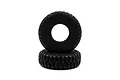 Two black rubber RC crawler tyres stacked vertically against a white background.