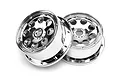 Two shiny chrome-plated RC car wheels with a beadlock-style design and circular cutouts, set against a plain white background.