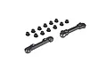 Losi black aluminium front suspension mounts with a set of small black plastic suspension inserts on a white background.