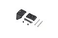 Losi front pivot and bumper set including plastic bumper, pivot block, metal plate, two pins, and two grub screws on a white background.