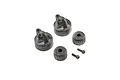 A set of black plastic shock caps and small screws for Losi 22S RC cars, isolated on a white background.