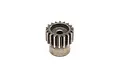 A close-up studio shot of a metal 18-tooth RC pinion gear on a white background.