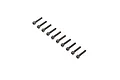 Ten black oxide steel cap head screws arranged in a diagonal line on a white background.