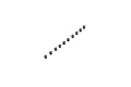 Ten small black metal grub screws arranged in a diagonal line against a white background.