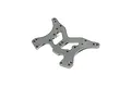 A gunmetal grey aluminium rear shock tower for a Losi RC vehicle, featuring multiple mounting holes and a flat, machined design.