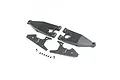 Losi front lower suspension arm set including two main arms, two reinforcement plates, two pivot balls, and six small mounting screws on a white background.