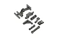 A set of black plastic RC steering servo mount and bellcrank components from Losi, arranged on a white background.