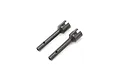 Two black metal rear wheel axles for an RC car, shown from a high angle against a white background.
