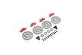 Losi RC disc brake and red caliper set including four grey brake discs, four red calipers, bearings, small black mounting plates, and screws.